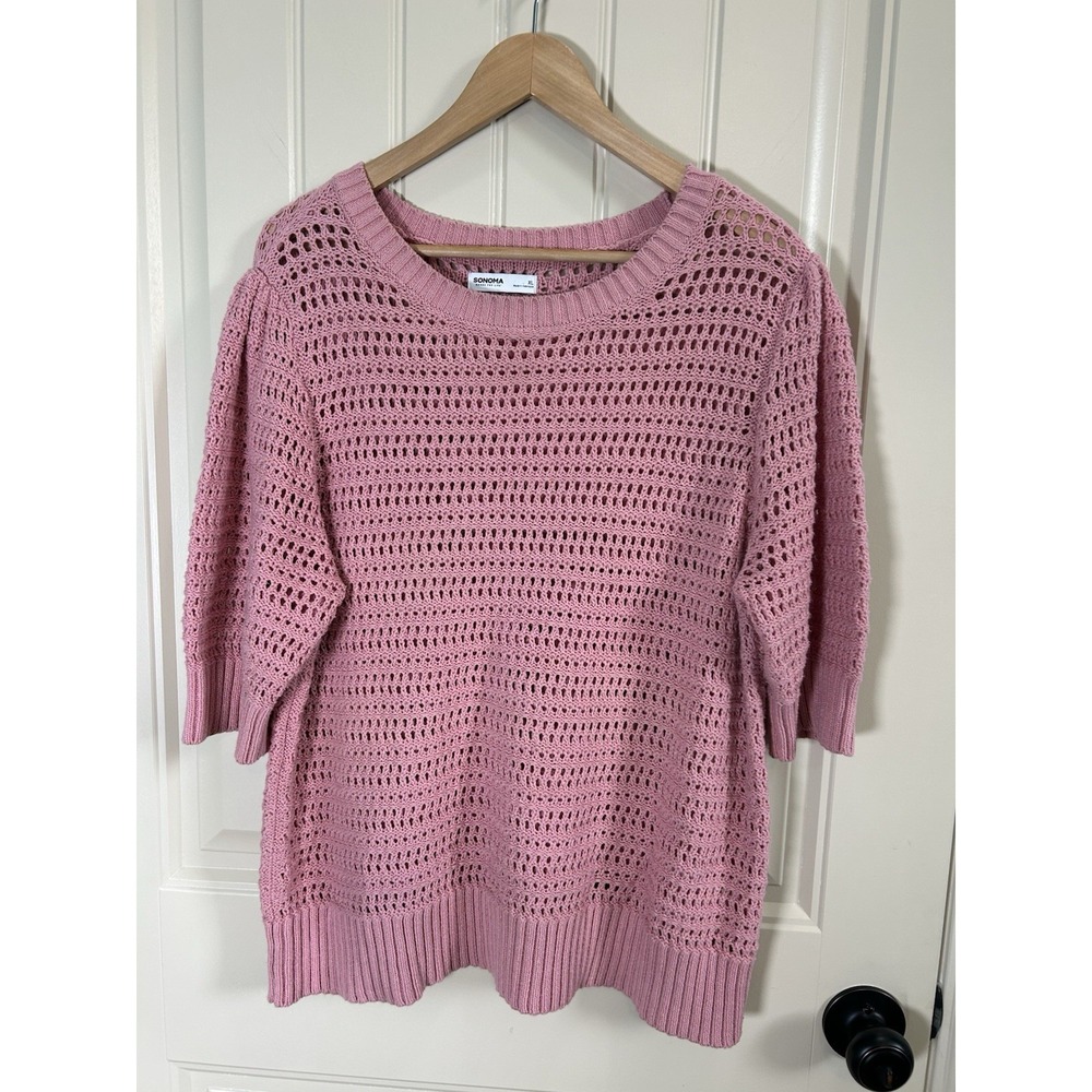 Sonoma Women Crochet Sweater XL Pink Short Sleeve Cotton Knit Boho Pullover
